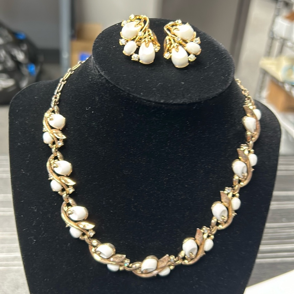 Vintage white enamel and gold tone with clip on earrings.